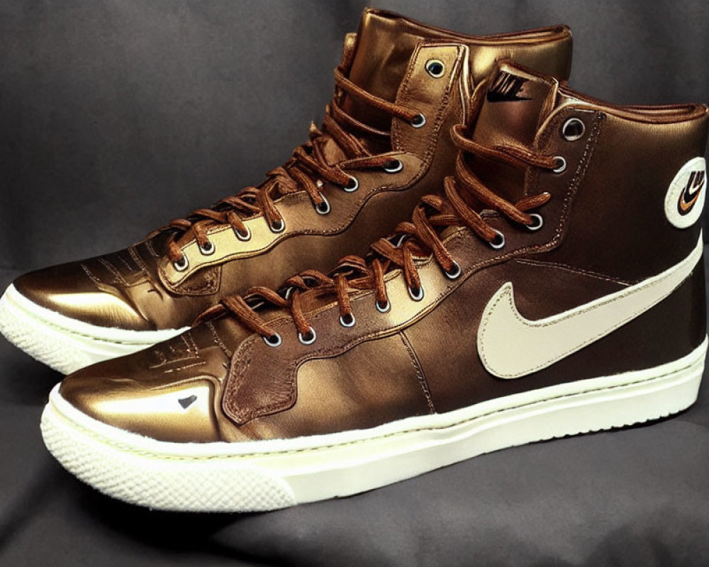 Shiny bronze high-top sneakers with white soles and swoosh logo on dark background