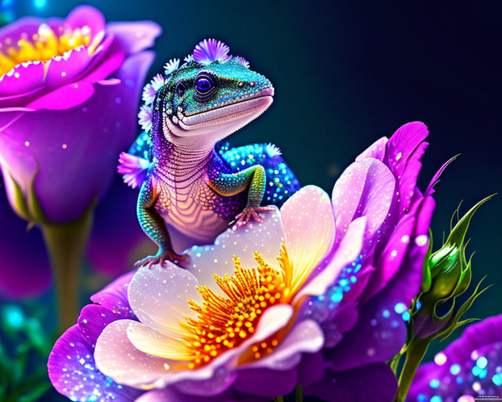 Colorful iridescent lizard on purple and pink flower with dark blue background