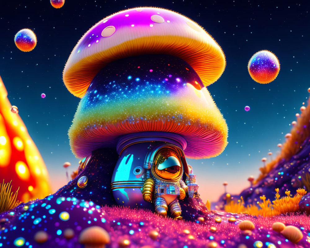 Colorful digital artwork: Astronaut under giant mushroom in cosmic landscape