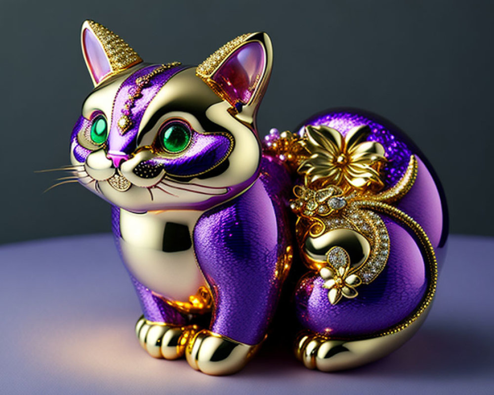 Purple and Gold Decorative Cat Figurine with Glitter, Jewels, and Floral Patterns