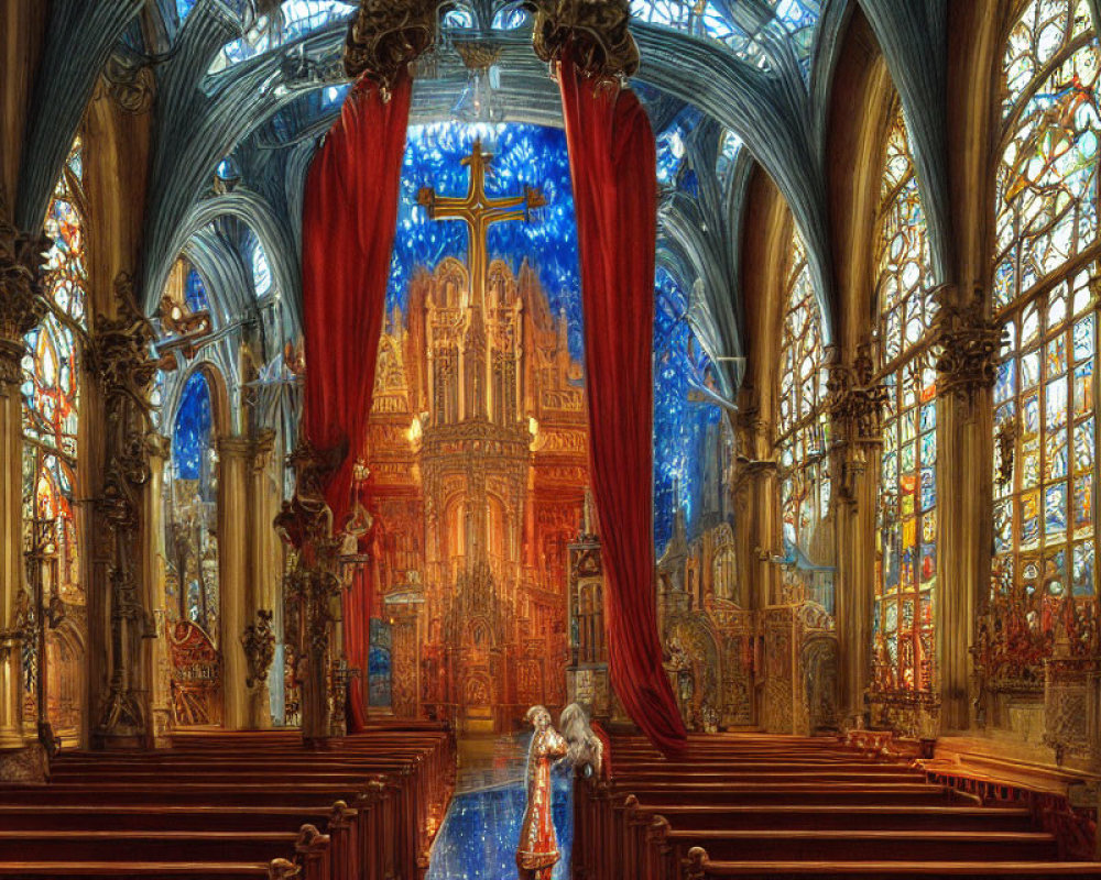 Gothic Cathedral Interior with Stained Glass Windows and Vaulted Ceilings