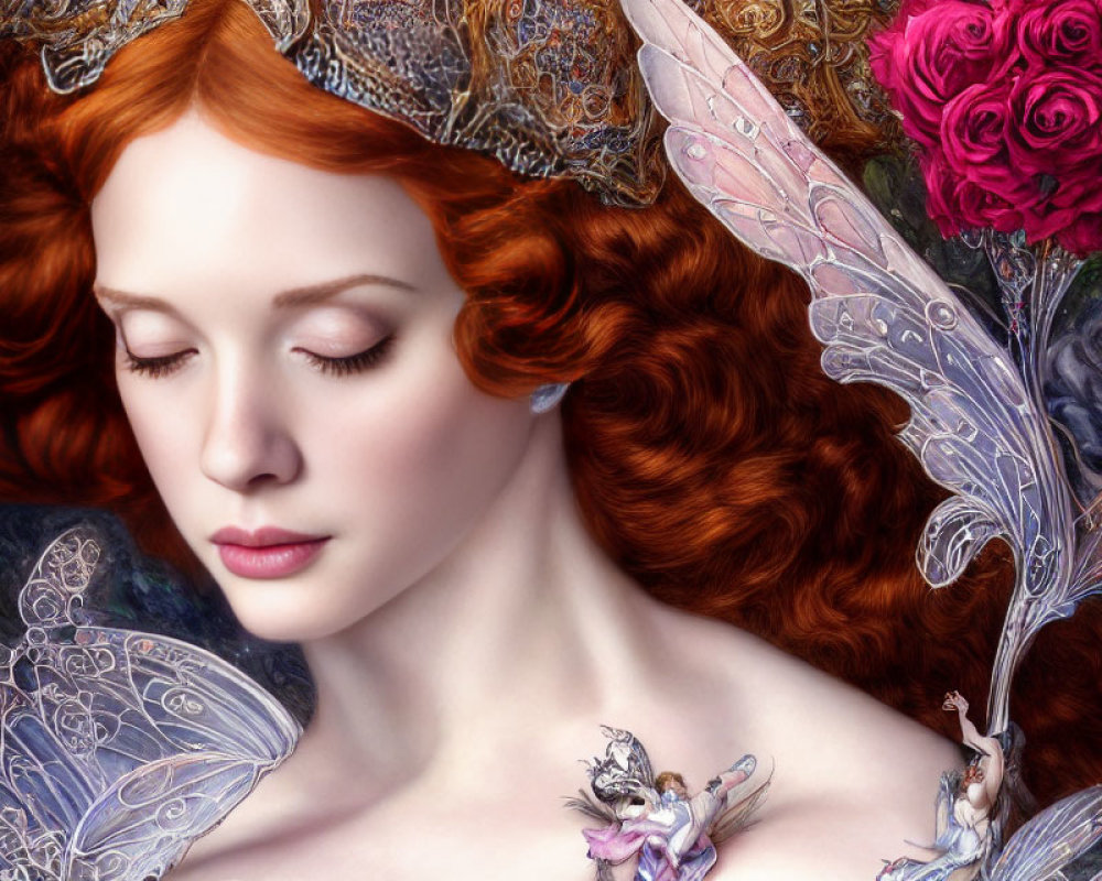 Serene woman with red hair and fairy wings in floral fairy scene