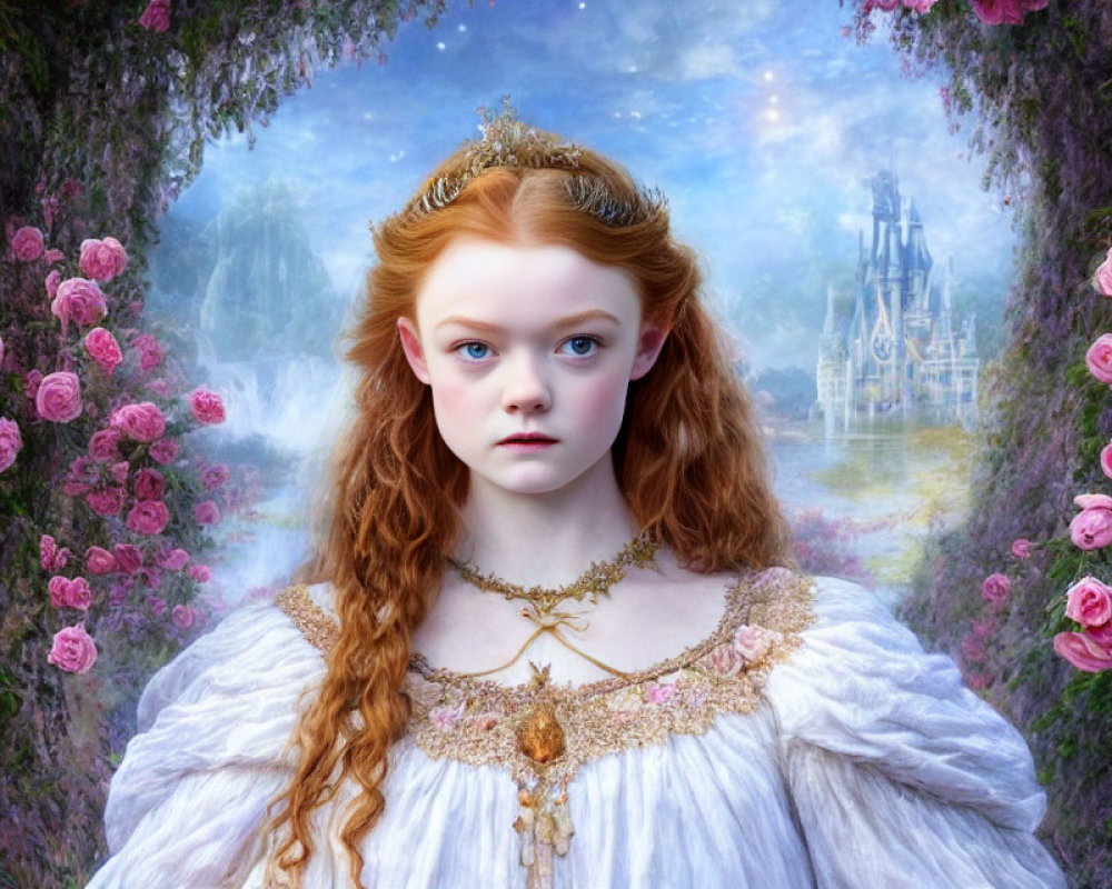 Red-haired woman in white gown before floral hedge and castle.