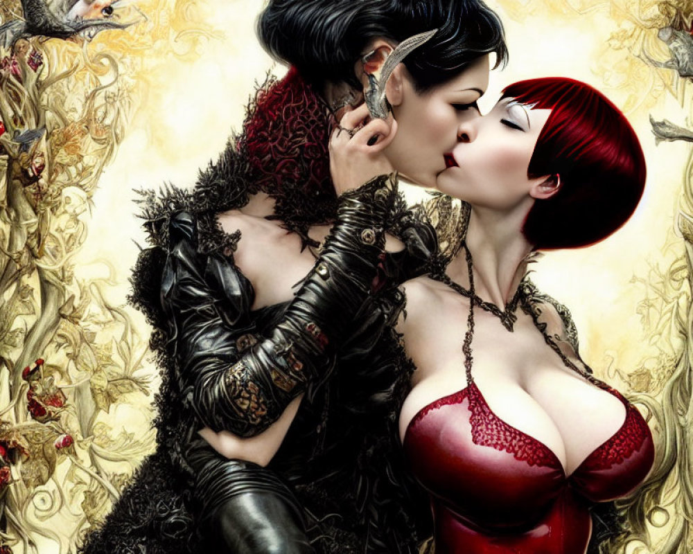 Stylized women with black and red hair embracing amidst ornate floral details and birds