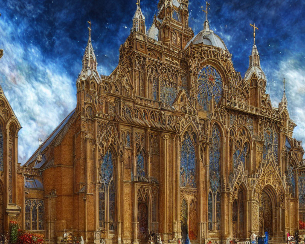 Elaborate Gothic cathedral with dramatic spires and ornate facade