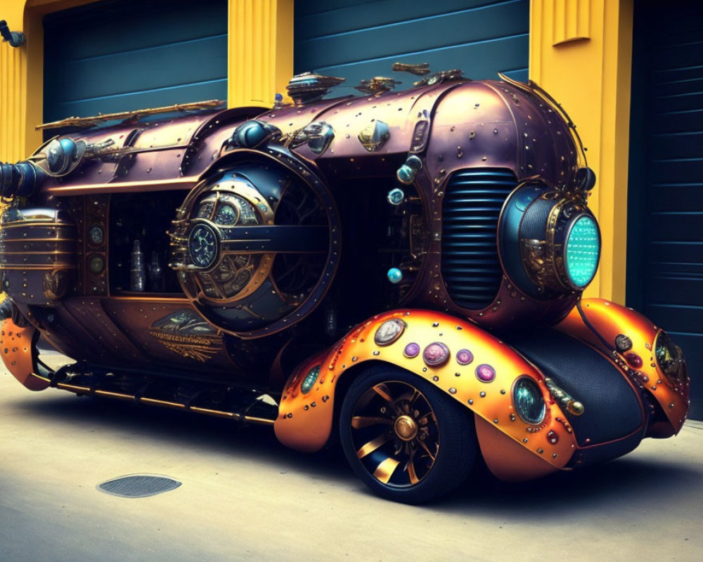 Steampunk-inspired vehicle with intricate metalwork and circular windows parked by blue door