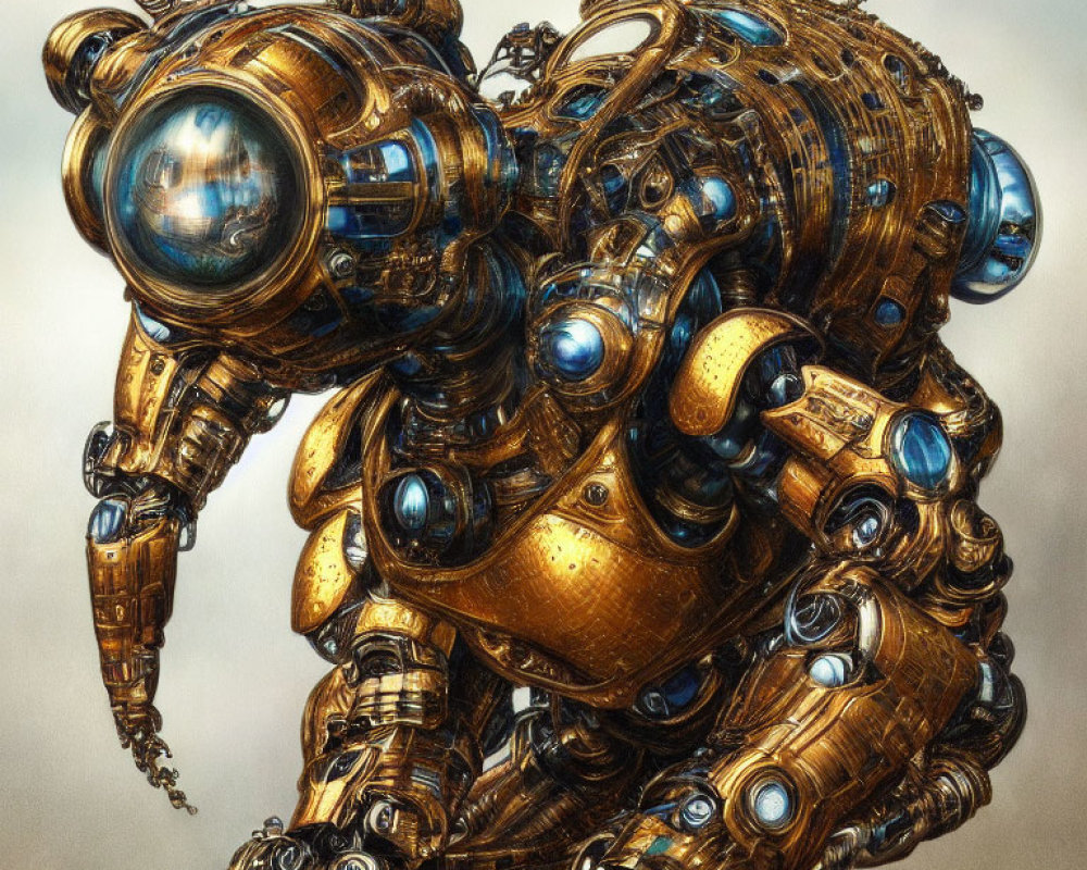 Detailed Steampunk Robot Illustration with Bronze Gears