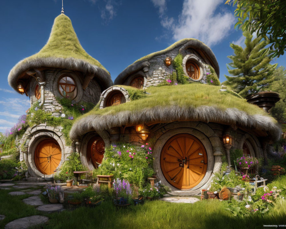 Whimsical cottage with circular doors, thatched roof, and lush garden