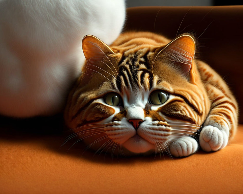 Orange Tabby Cat with Green Eyes Resting on Orange Surface