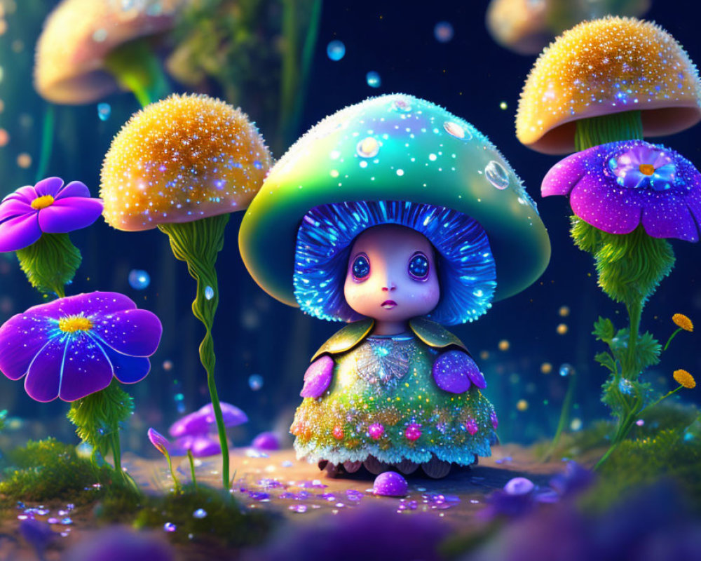 Childlike Character Under Mushroom Cap in Enchanted Forest