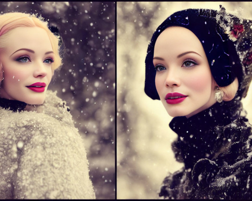 Diptych of Woman in Vintage Makeup & Attire in Snowy Setting