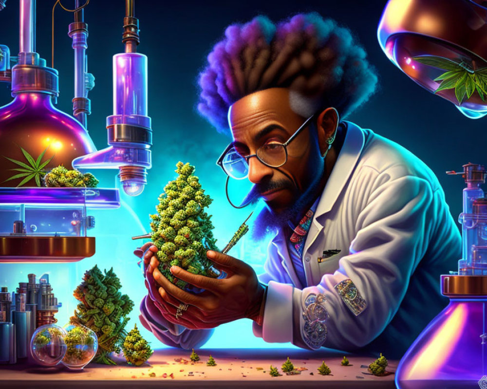 Scientist with afro studying cannabis bud in futuristic lab