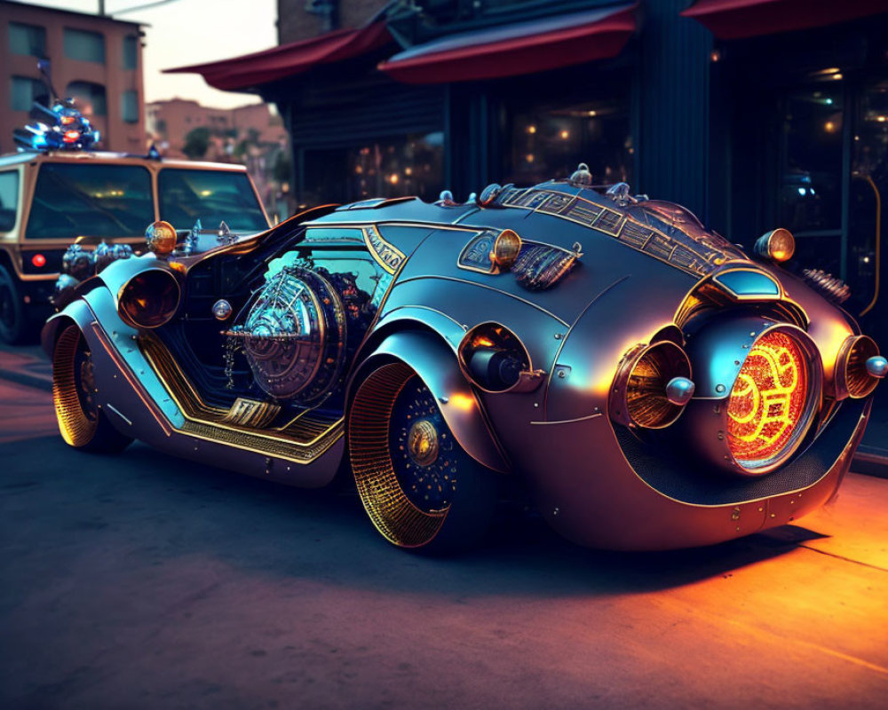 Steampunk-style futuristic car parked on city street at dusk