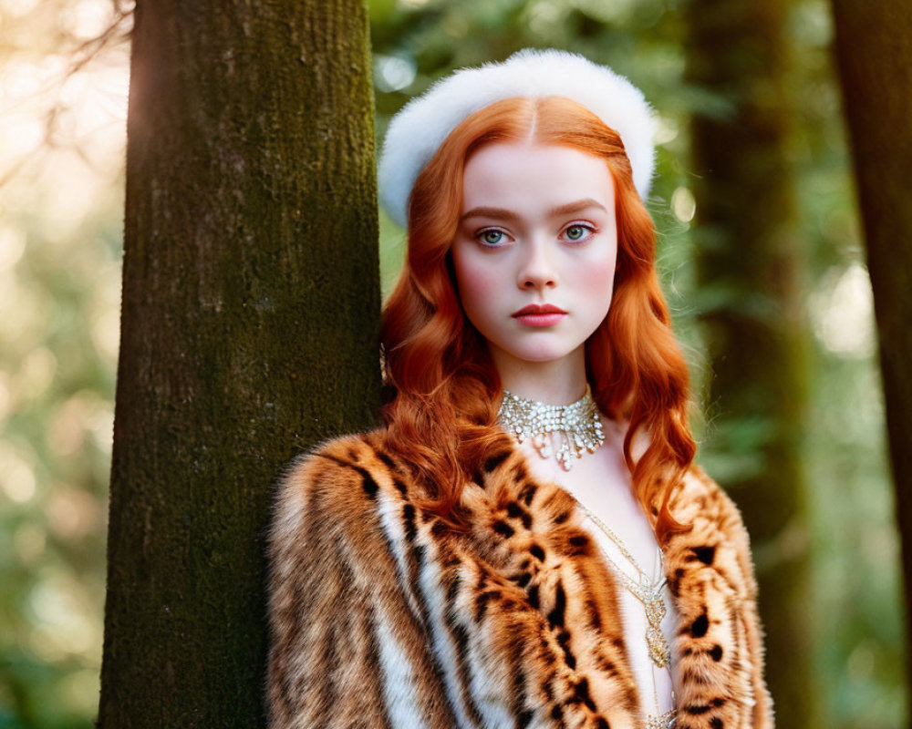 Red-haired woman in fur coat and headband standing in wooded area