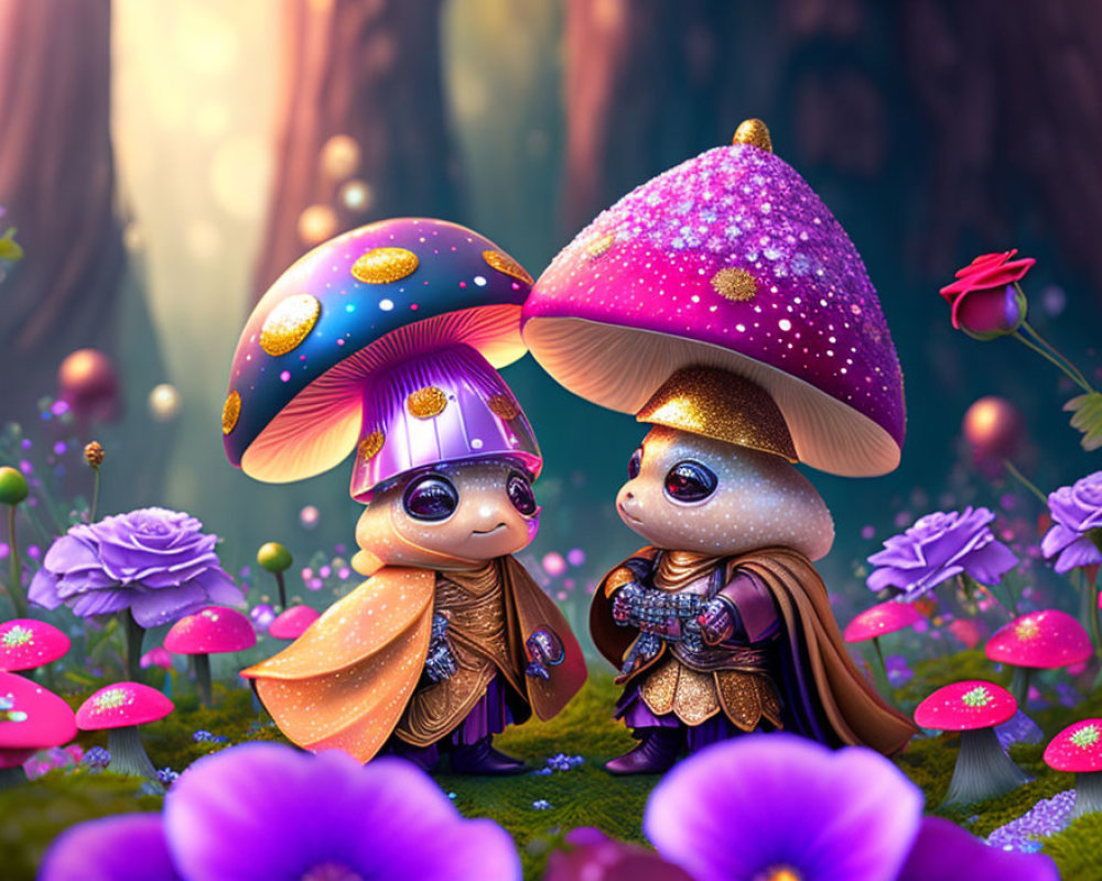 Whimsical animated characters in colorful fantasy forest