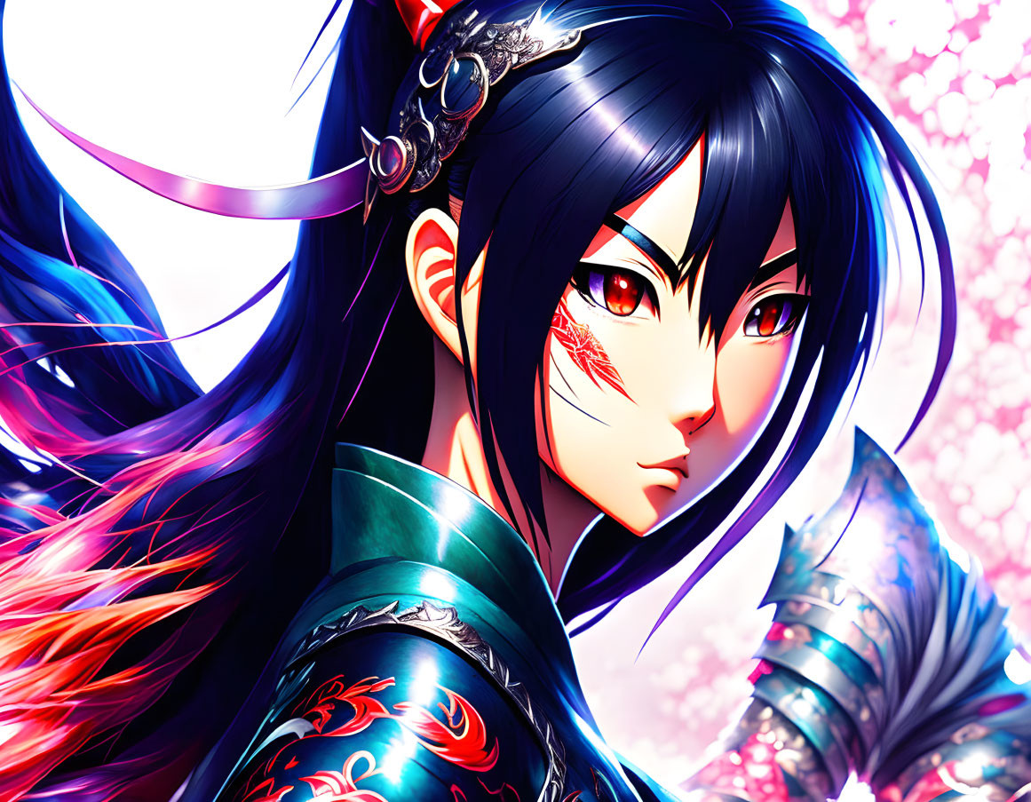 Anime character with long black hair, red eyes, scar, traditional armor, red and blue designs,