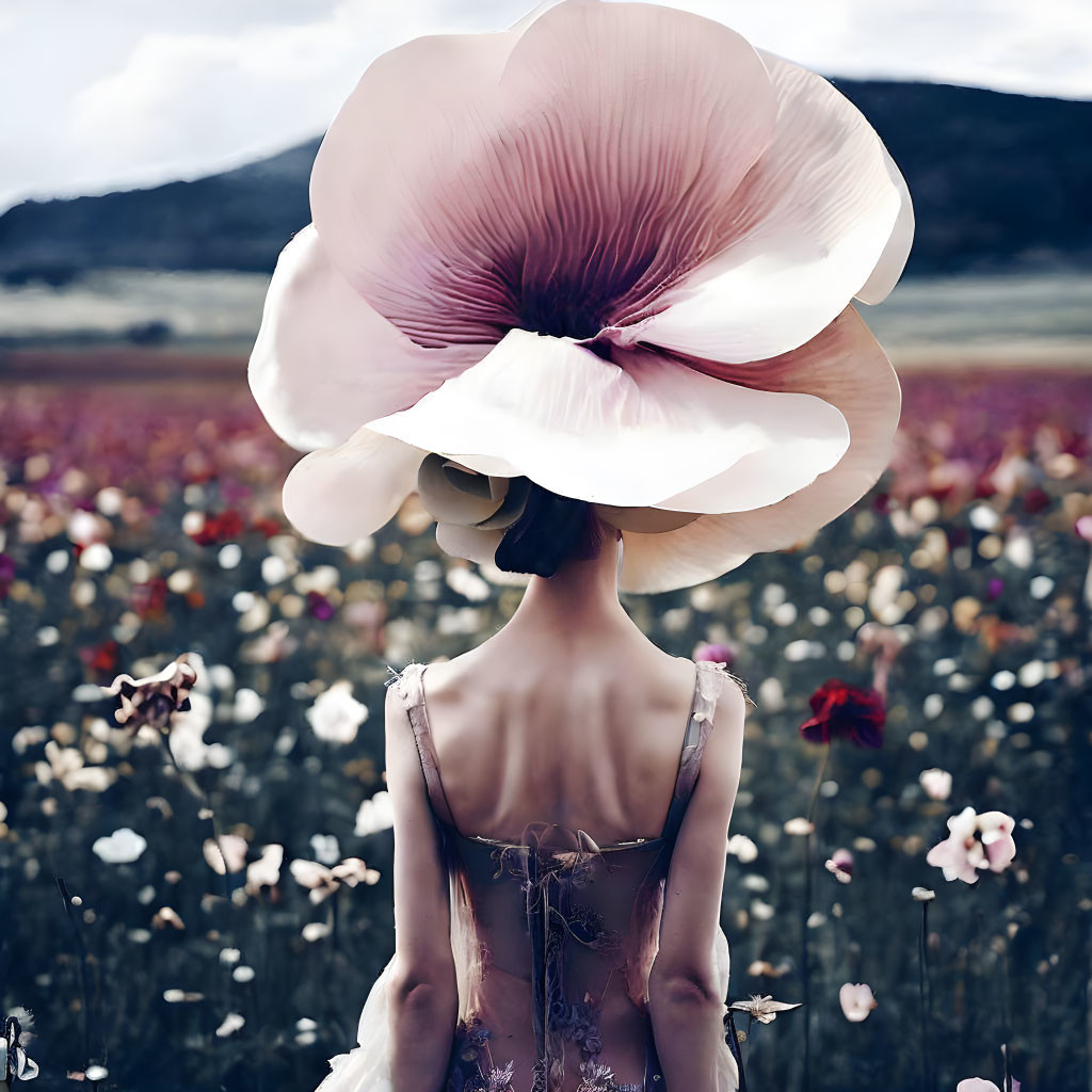 Woman in field with surreal flower head among wildflowers and cloudy sky