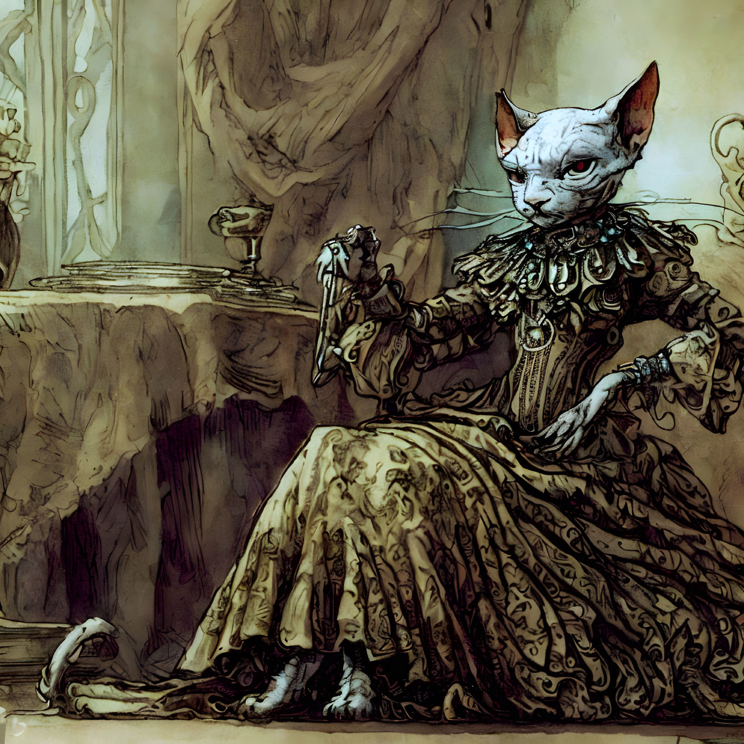 Anthropomorphic cat illustration in elegant dress with goblet in vintage interior