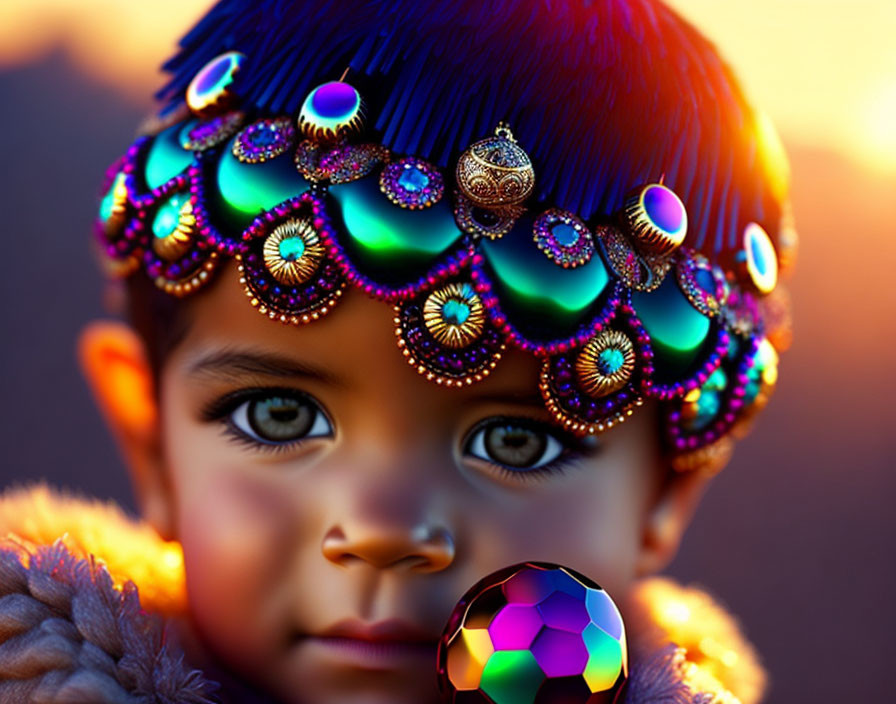 Child with expressive eyes in colorful bejeweled headdress under warm light