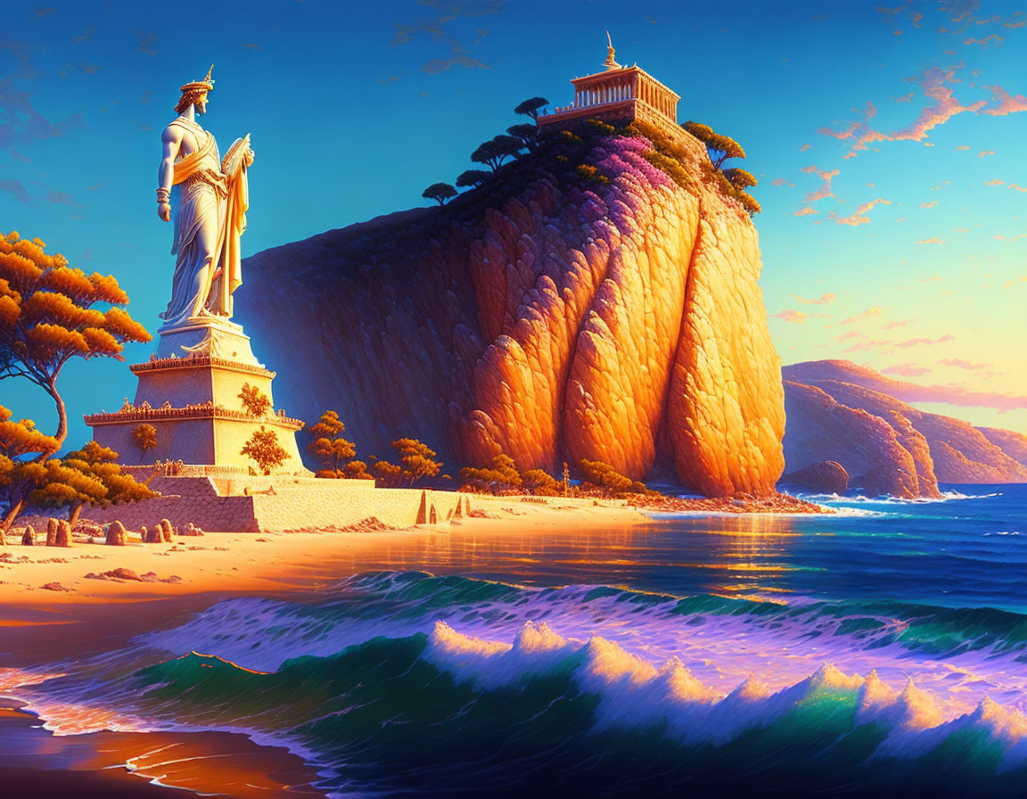 Digital art: Colossal seaside statue with temple under warm sunset sky