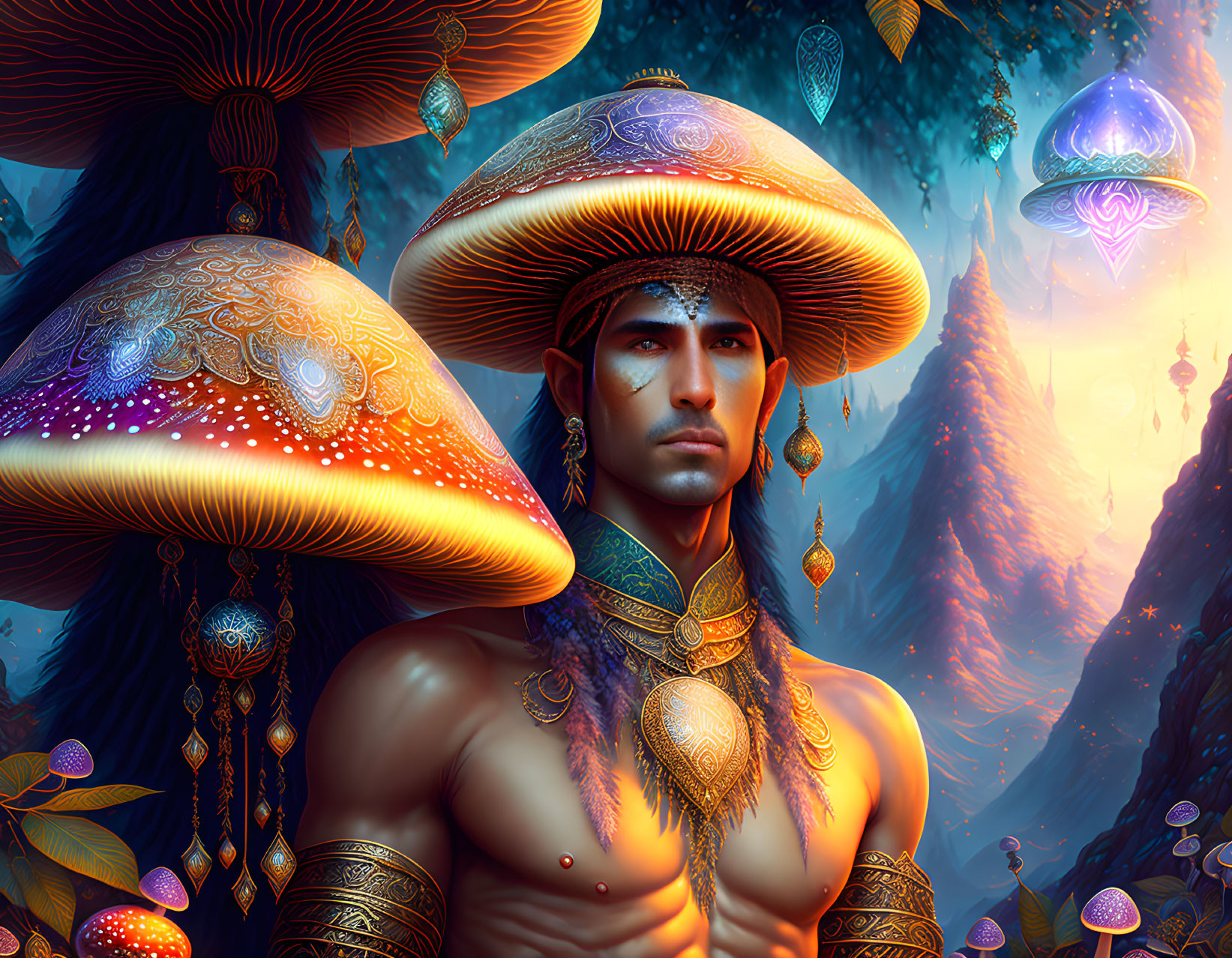 Man with ornate gold tattoos and jewelry in fantastical setting.