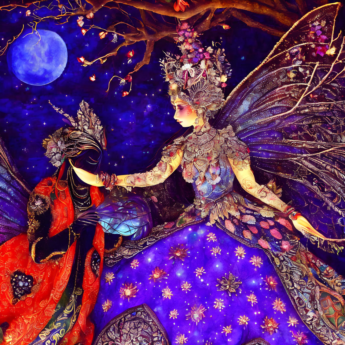 Detailed fairy and mystical creature under moonlit sky with blossoms