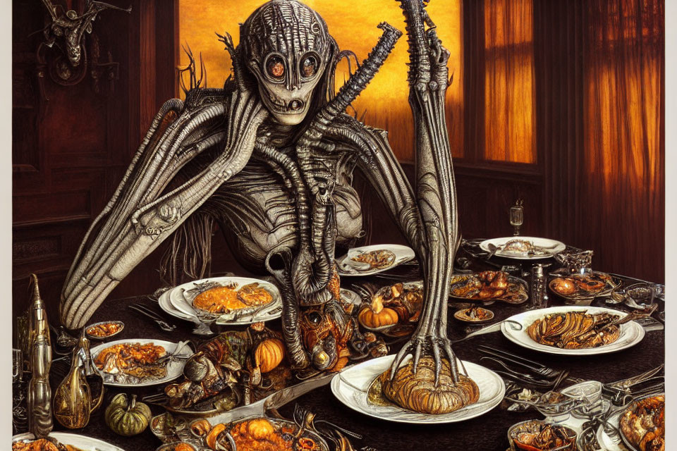 Detailed Alien Creature Dining Table Artwork in Classical Setting