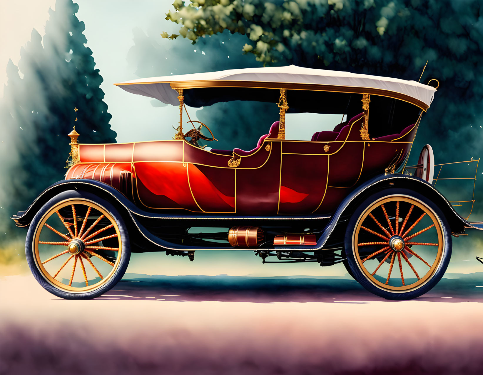 Vintage Car with Red Body, Gold Trim, and Spoked Wheels in Forest Setting