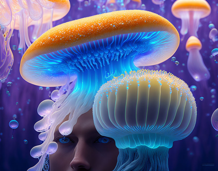 Vibrant jellyfish blend with human face in surreal underwater scene