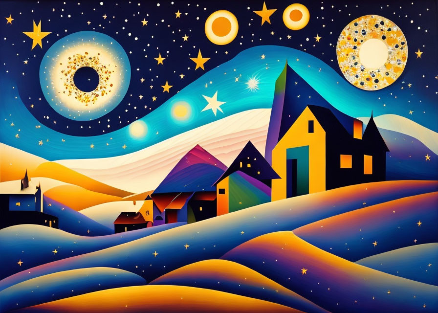 Vibrant painting of rolling landscape with whimsical houses under star-filled sky