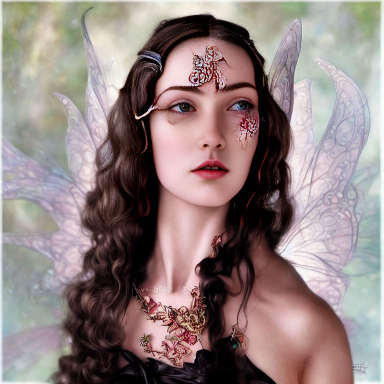 Intricate fantasy portrait of woman with fairy wings and decorative accessories