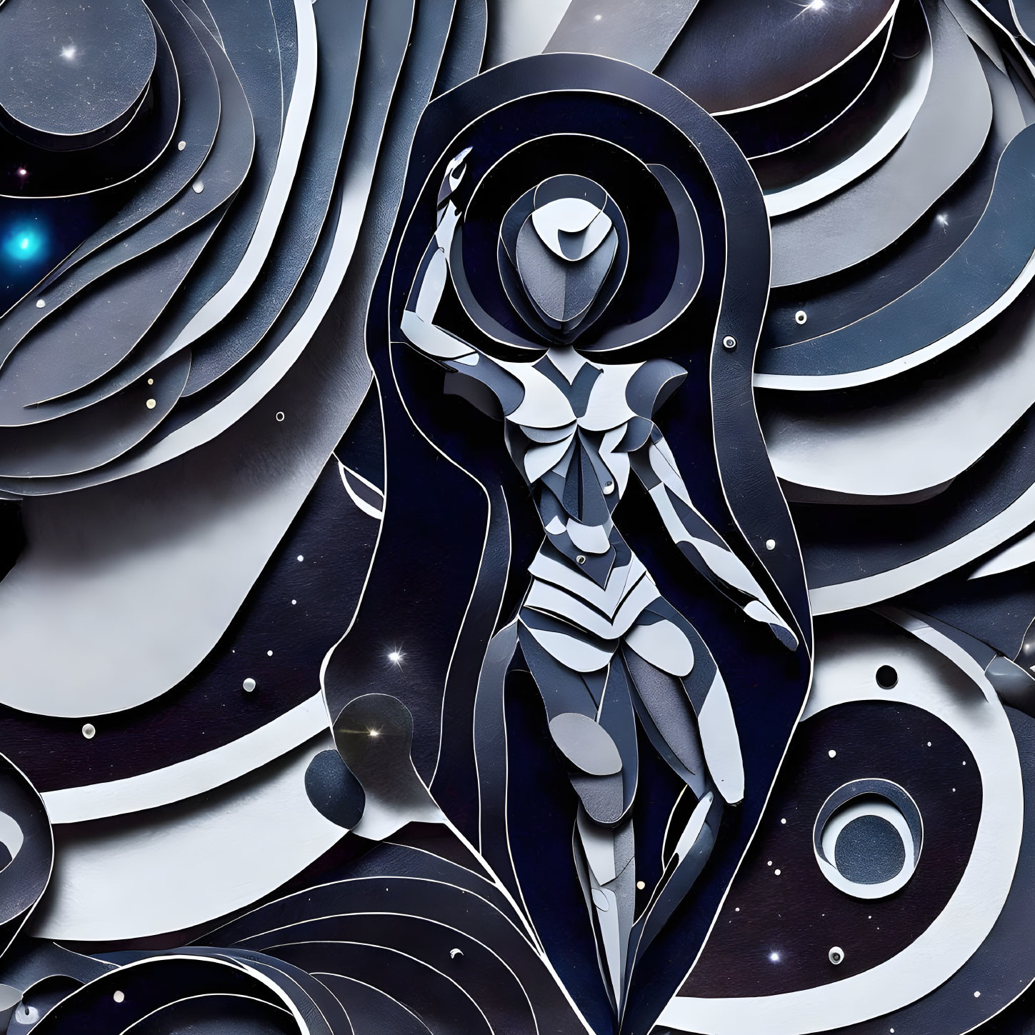 Intricate Paper Art: Female Figure with Cosmic Patterns