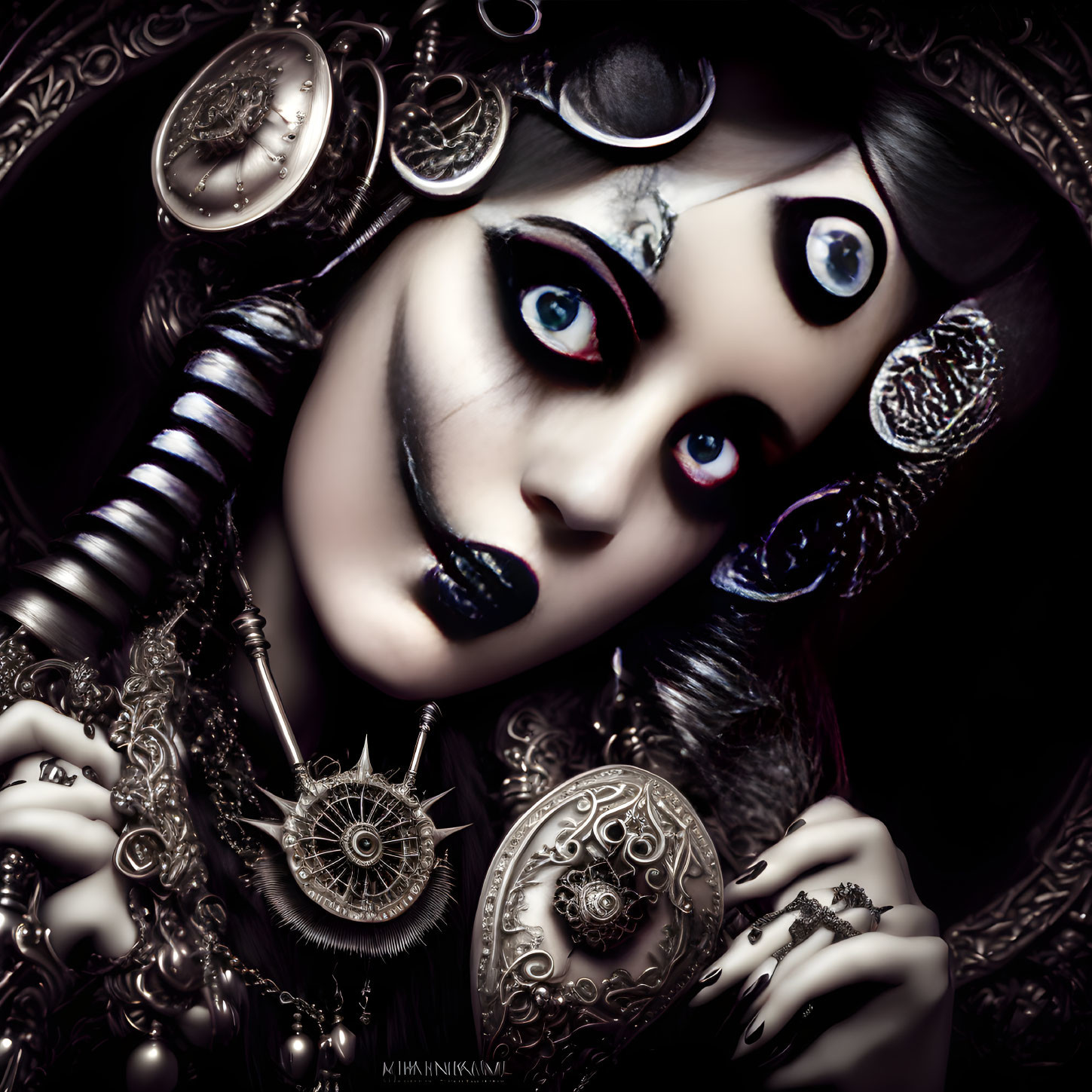 Gothic woman with dramatic makeup and steampunk accessories poses with intense eyes