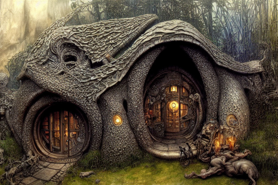 Round door and window fantasy house with intricate designs and cozy fire