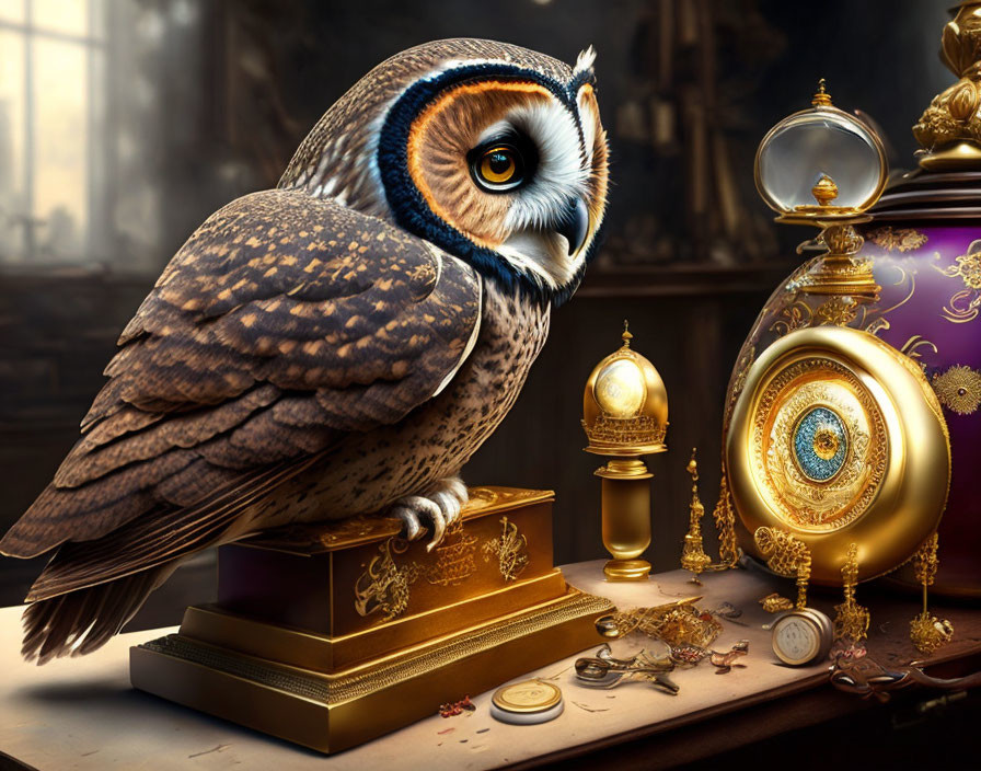 Owl perched on gold box with antique objects on wooden surface