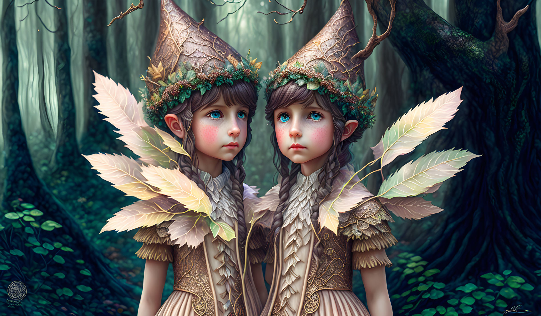 Twin fantasy characters with pointed hats and leafy wings in a mystical forest.