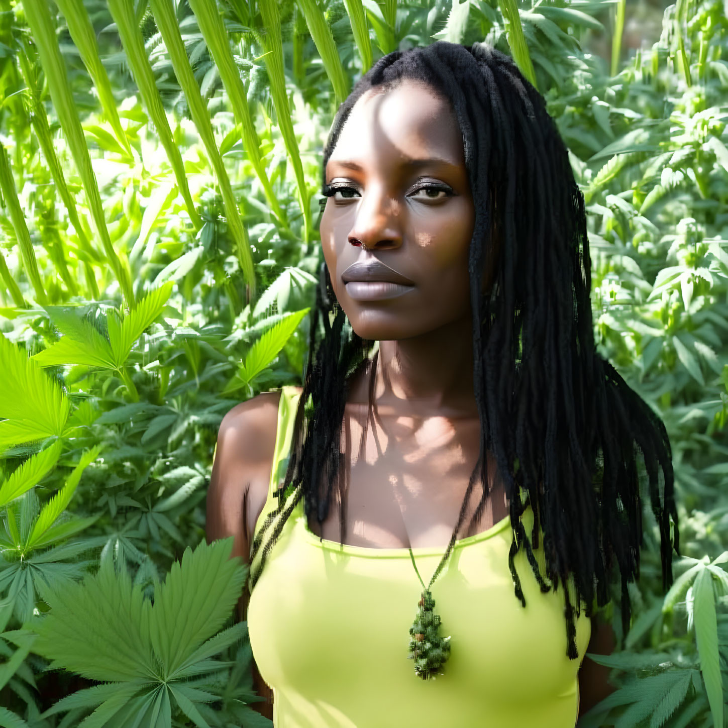 Woman with braided hair in yellow top surrounded by lush green foliage