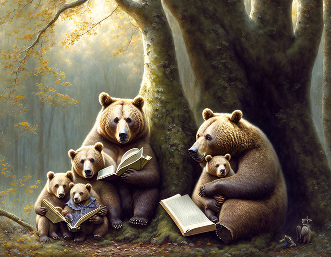 Anthropomorphic bear family reading books in serene forest