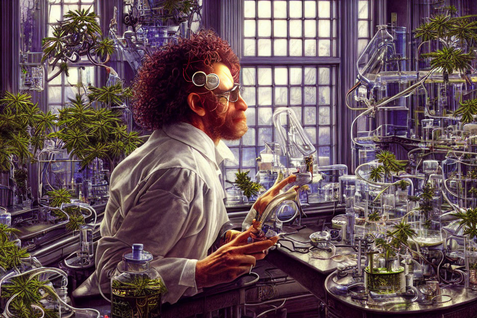 Scientist in lab coat studying plant specimen in botanical lab