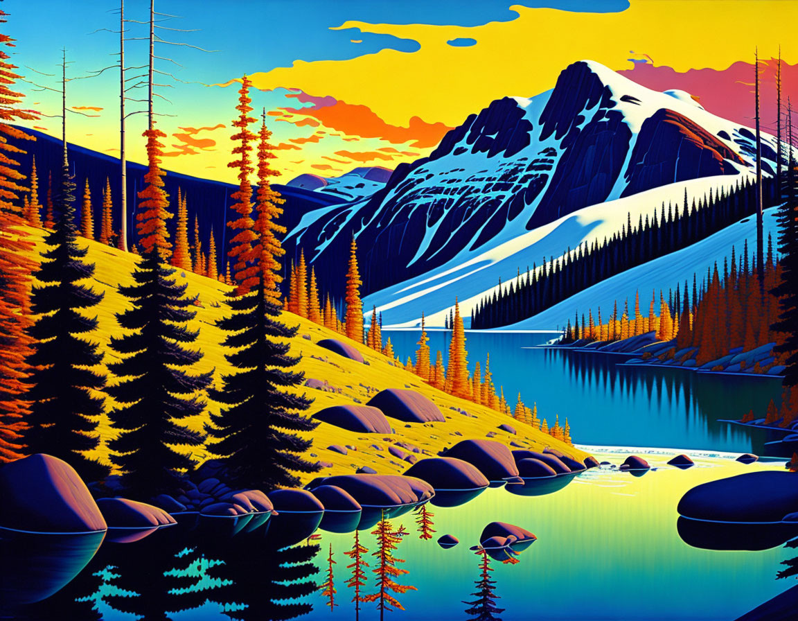 Mountainous Landscape with Reflective Lake and Pine Trees under Yellow and Blue Sunset Sky