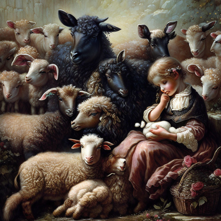 Young girl with flock of sheep in serene pastoral scene