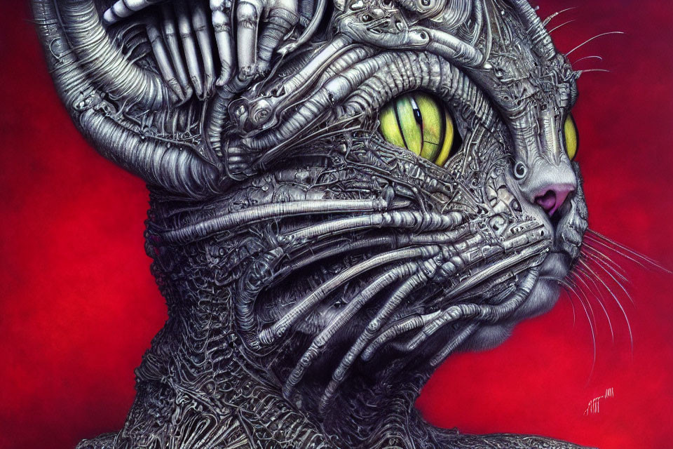 Detailed Illustration of Mechanical Cat with Metal Components and Green Eyes on Red Background