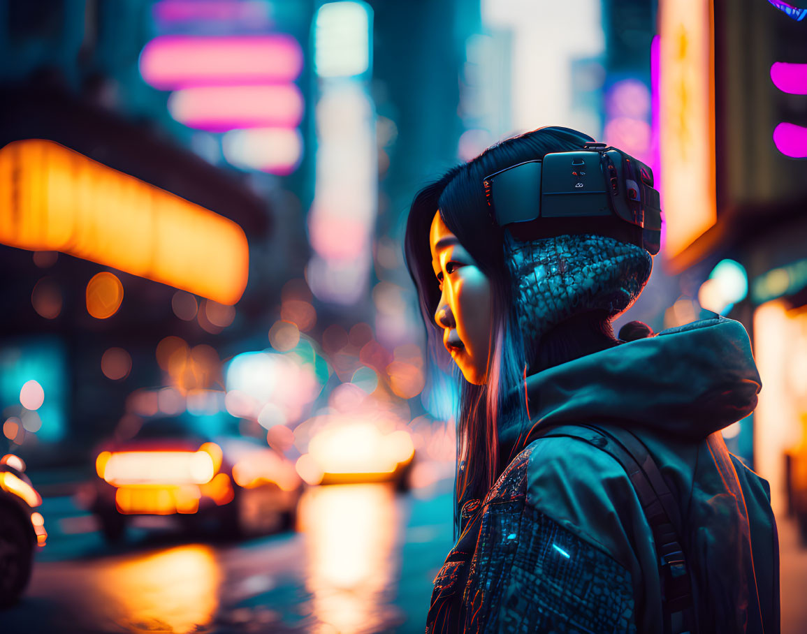 Woman wearing headphones on vibrant city street at night