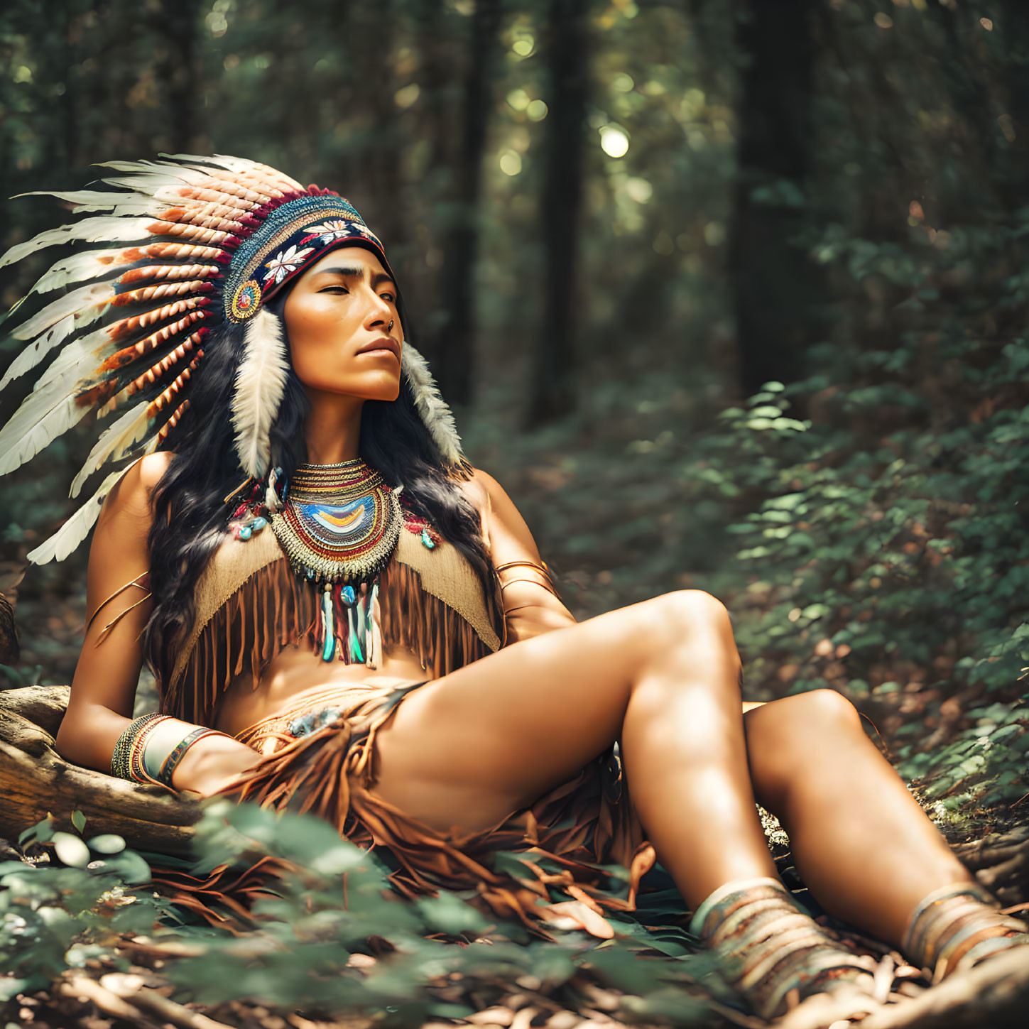 Native American person in headdress in sunlit forest