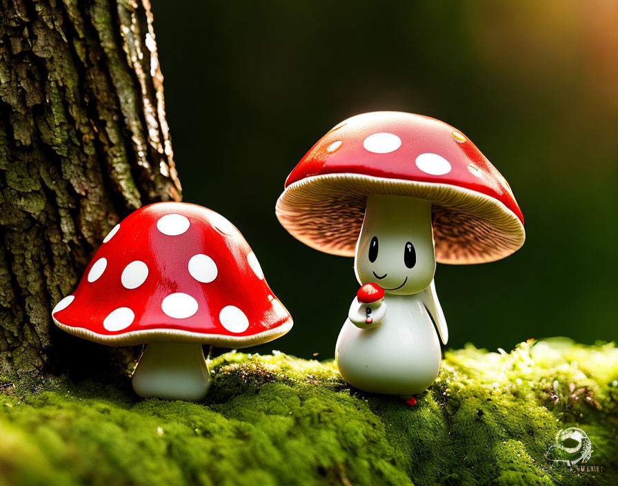 Whimsical rabbit character under red mushroom in nature