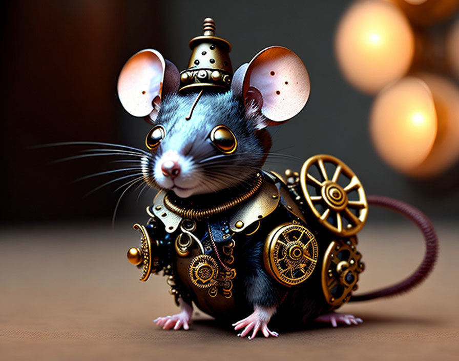 Whimsical steampunk-style mouse with brass gears on warm background