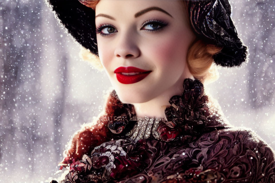 Woman in vintage hat and red lipstick smiling in snowy scene