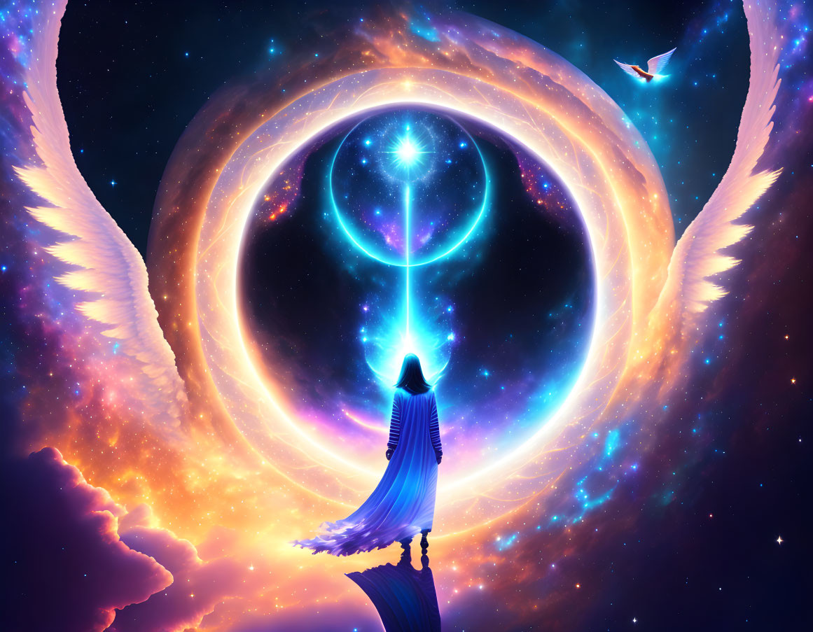 Cloaked figure at cosmic portal with glowing wings and nebulae landscape