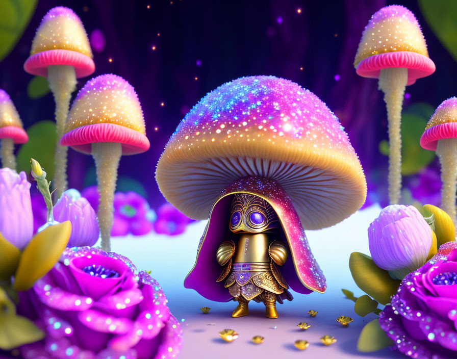 Golden robot under sparkly pink mushroom in whimsical scene