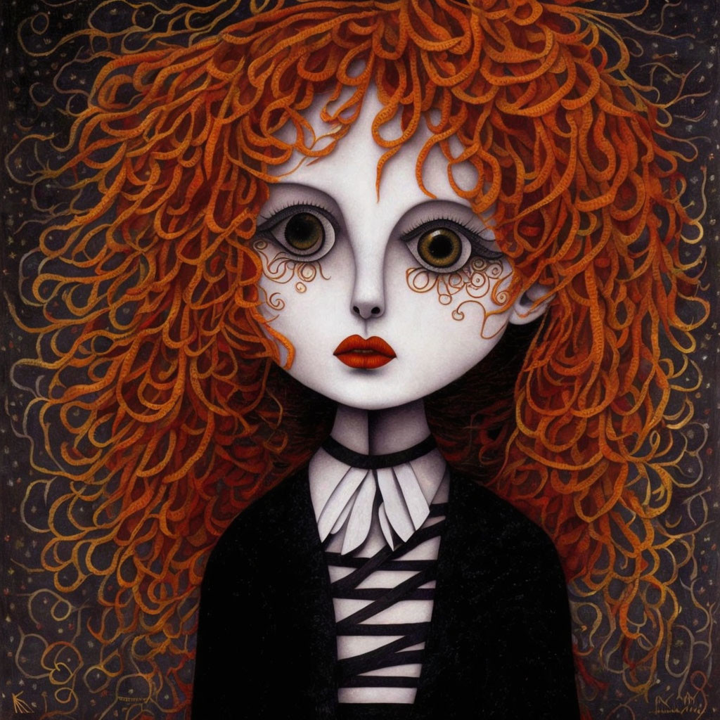 Vibrant illustration of a girl with red curly hair and striped outfit